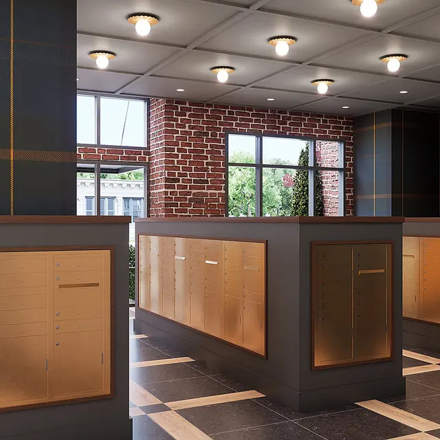 A modern lobby interior featuring a brick and dark wood wall design, with large windows allowing natural light to enter. Multiple reception counters with illuminated nameplates and bronze accents are visible, along with greenery in the background.