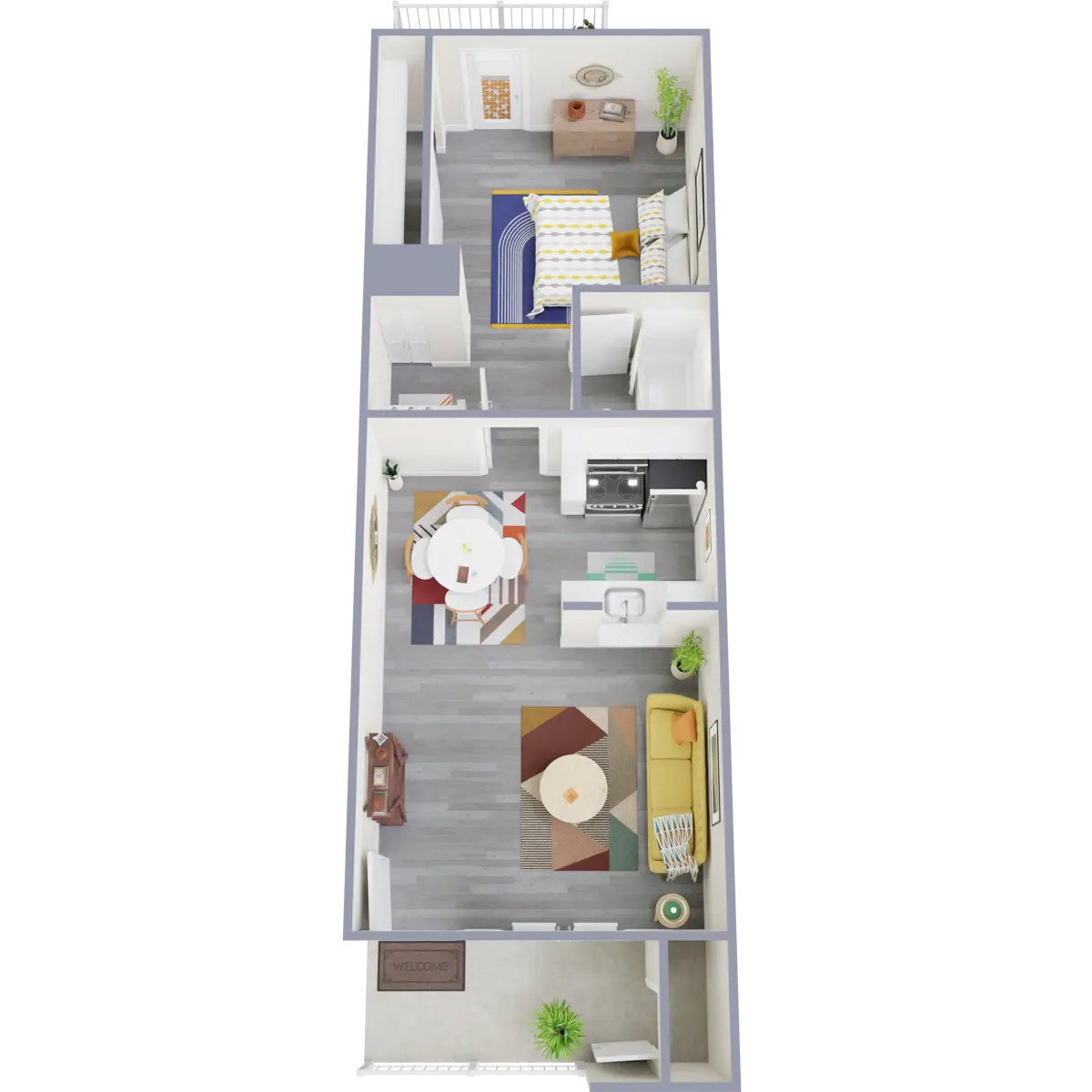 A layout of an apartment featuring a bedroom, living area, dining space, and kitchen.