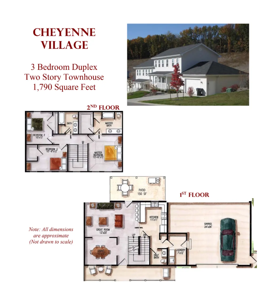 A color layout of a two-story townhouse labeled as Cheyenne Village. It shows the 1st and 2nd floor plans along with an image of the townhouse exterior.