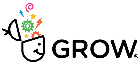 GROW Logo Colorful logo of GROW featuring a creative character with gears and stars emerging from a brain-like shape.