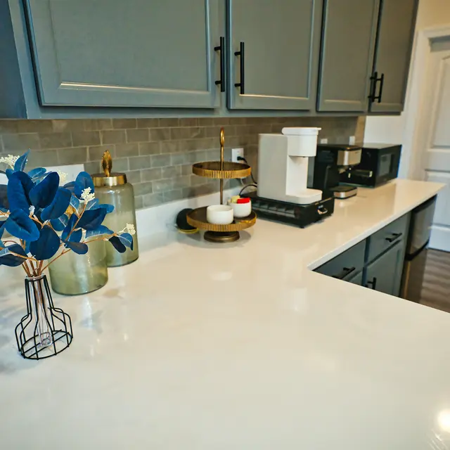 A modern kitchen counter featuring a gray cabinetry, a decorative flower vase, coffee maker, and various kitchen items on display.