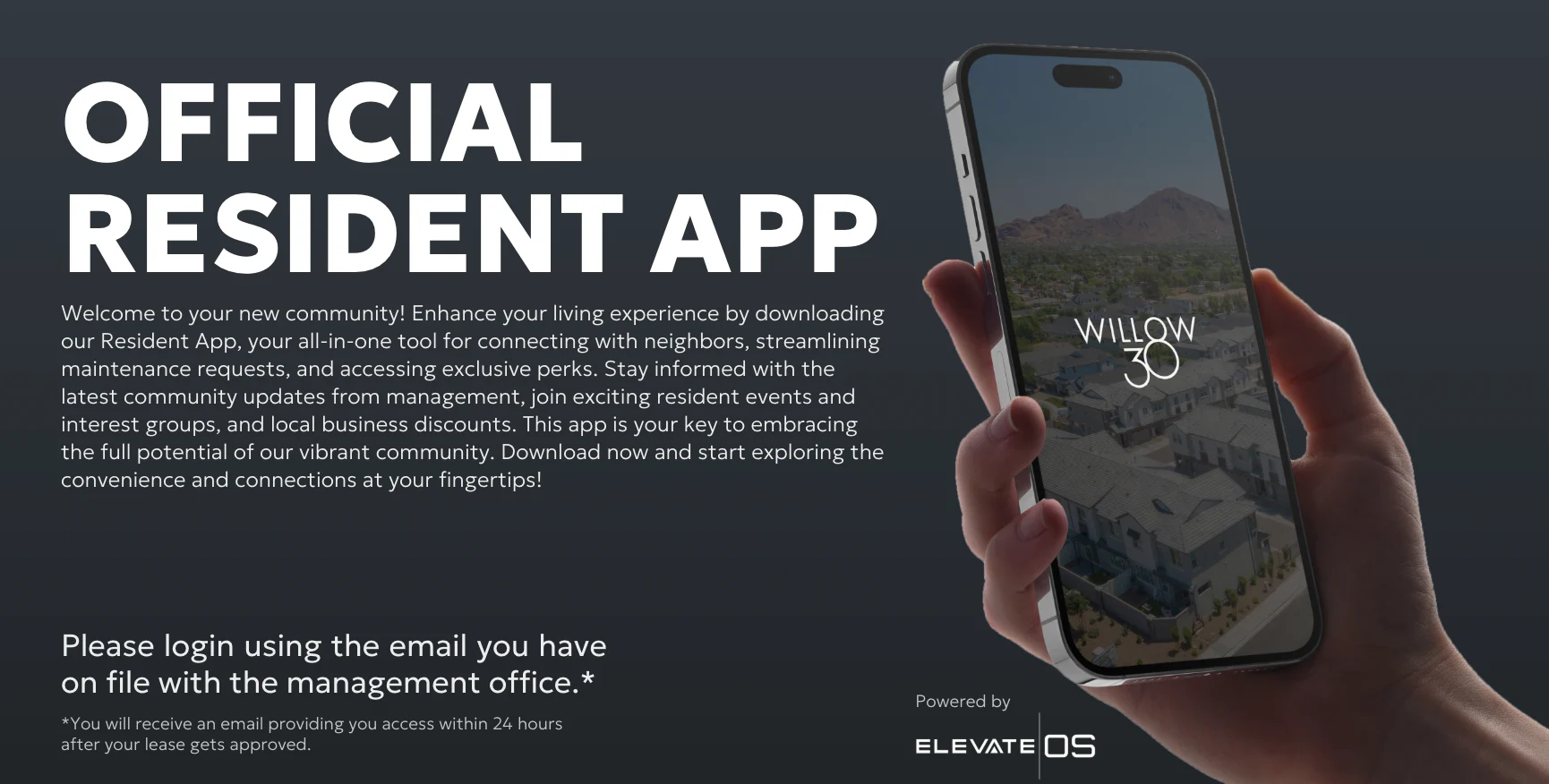An advertisement for the Official Resident App promoting community engagement and features to streamline resident requests and events.