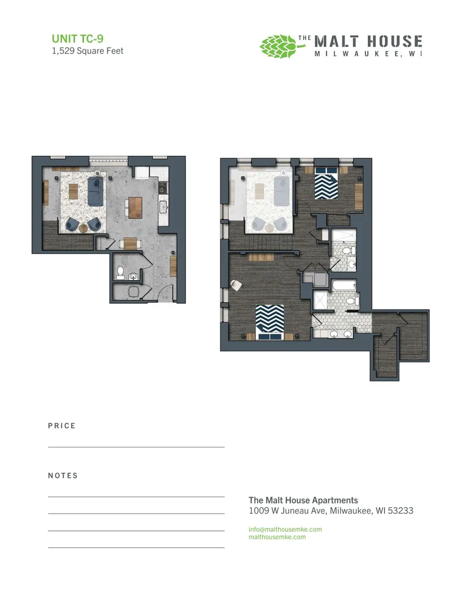 A floor plan of a two-bedroom apartment unit TC-9 located in The Malt House Apartments in Milwaukee, WI. The plan includes labeled rooms and a total area of 1,529 square feet.