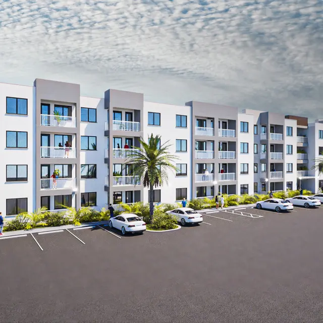 Exterior view of a modern apartment building with multiple floors and palm trees, parked cars in front.