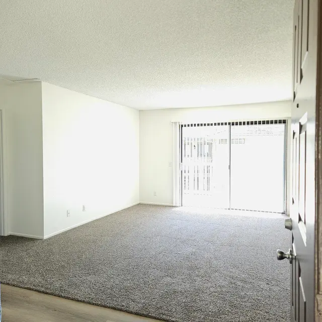 A spacious, empty living room with light-colored walls and a large sliding glass door that leads to a balcony. The floor features a combination of carpet and wooden laminate. Natural light illuminates the room, creating a bright and airy atmosphere.