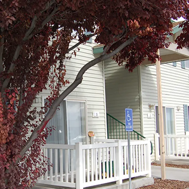 Autumn in the Apartment Complex An apartment building with a light green exterior and white railings, framed by a vibrant tree with red leaves in the foreground.