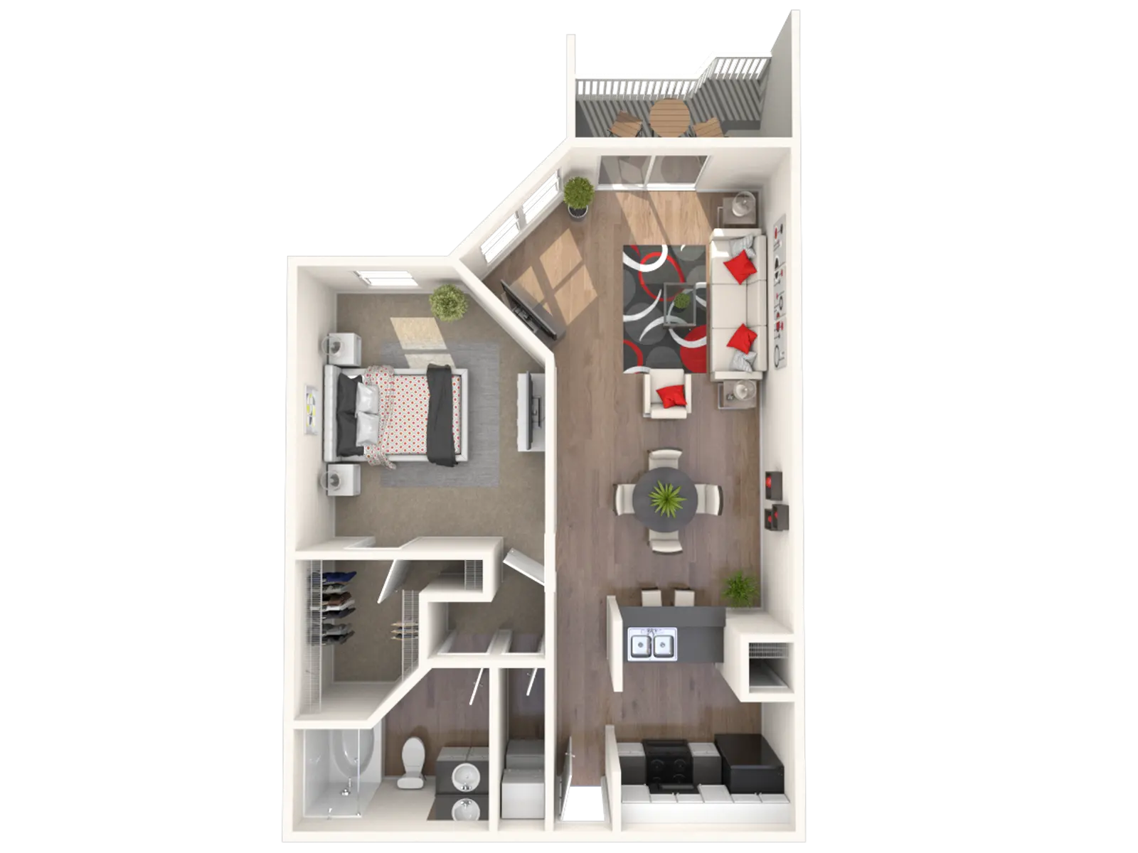 One Bedroom Top-view layout of a modern apartment featuring a living area, dining space, bedroom, and bathroom. Bright and spacious design.