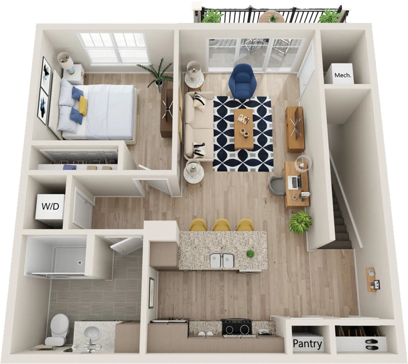 Modern Apartment Floor Plan A top-down view of a modern apartment layout featuring a living room, kitchen, bathroom, bedroom, pantry, and mechanical room.