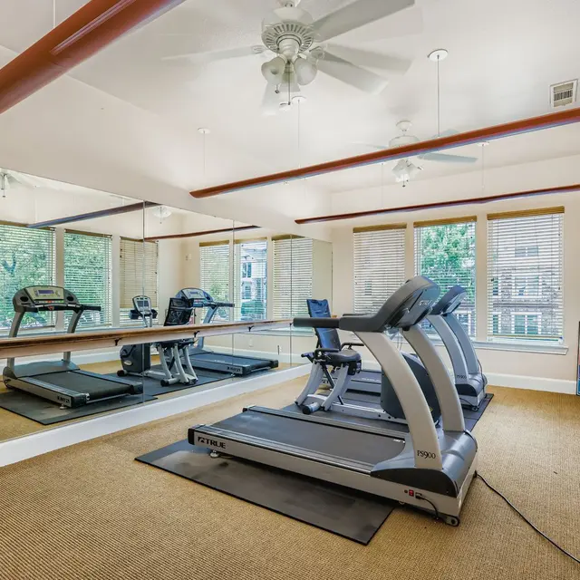 Contemporary Home Gym Design A modern home gym featuring two treadmills and large mirrors against the wall.