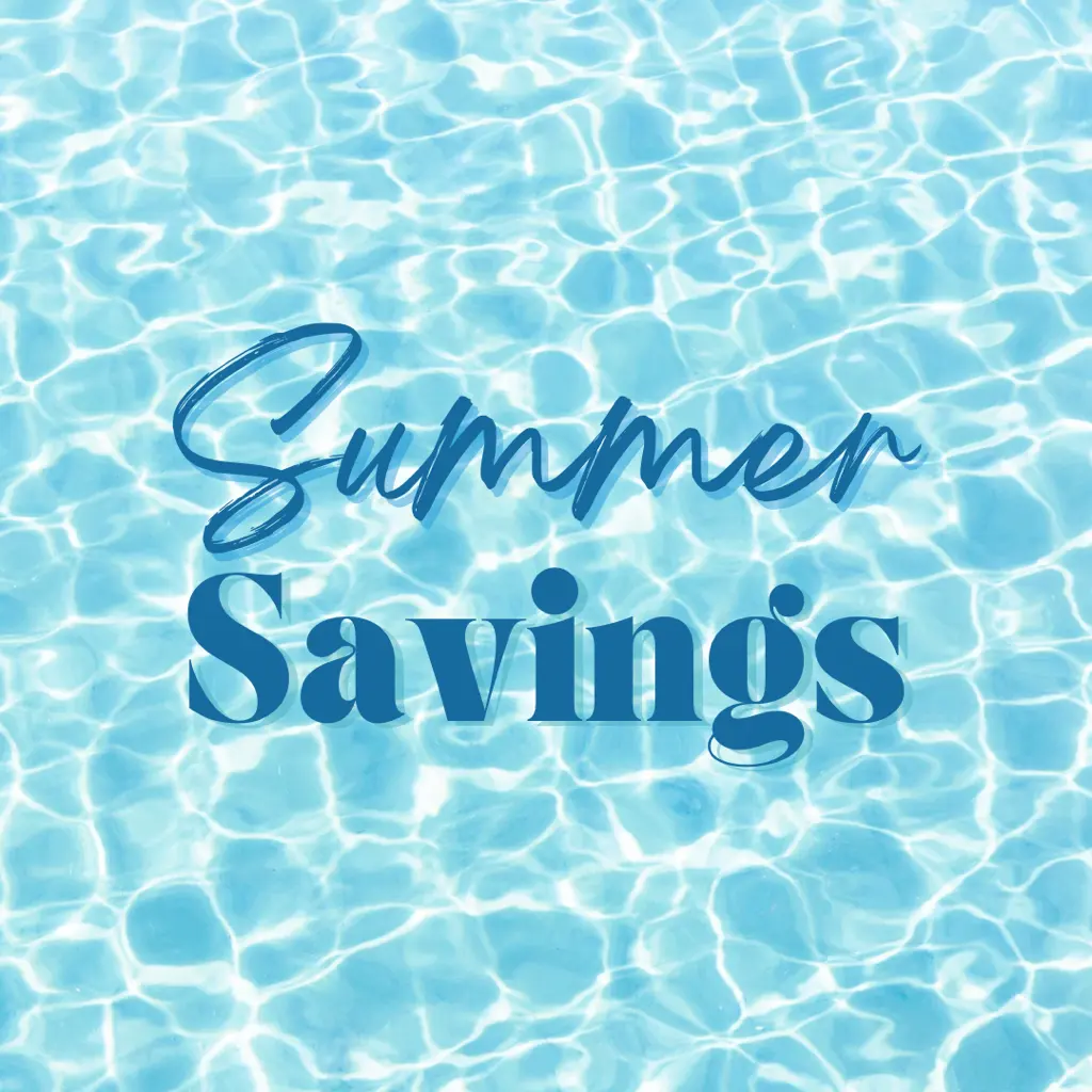 Text saying 'Summer Savings' over a light blue water background with wavy patterns.