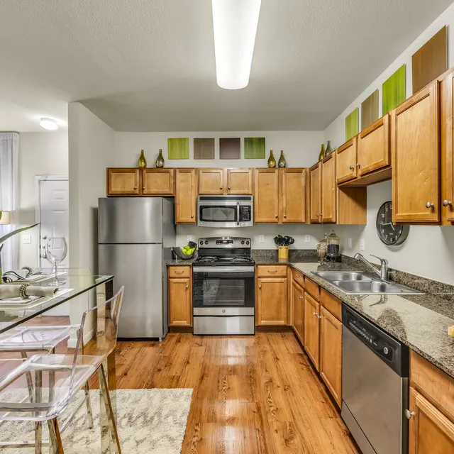 Modern Kitchen Design Apartment kitchen with wood cabinetry and black appliances at Agave at South Congress.