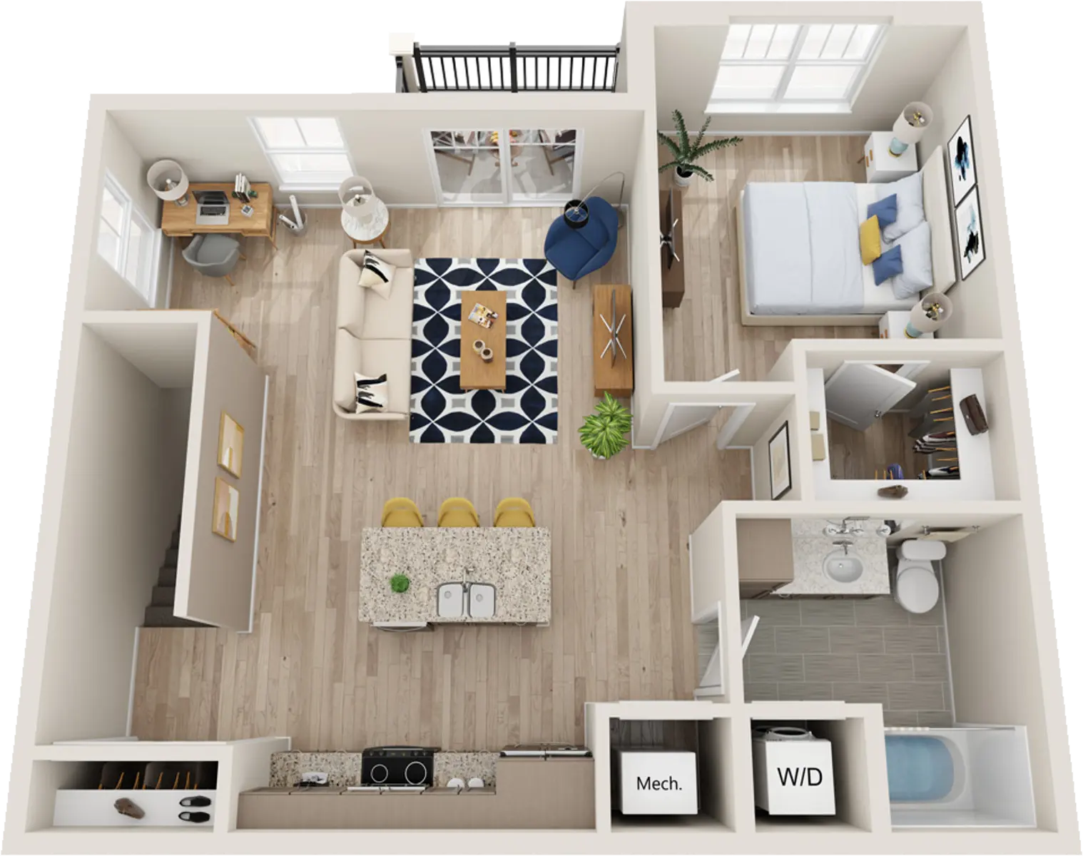 Top-down view of a modern apartment layout featuring a living area, kitchen, bedroom, and bathroom.