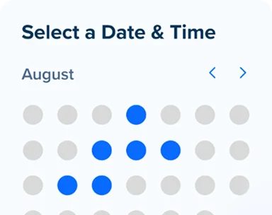 Date and Time Selection Interface Calendar interface showing August with selected dates marked in blue.