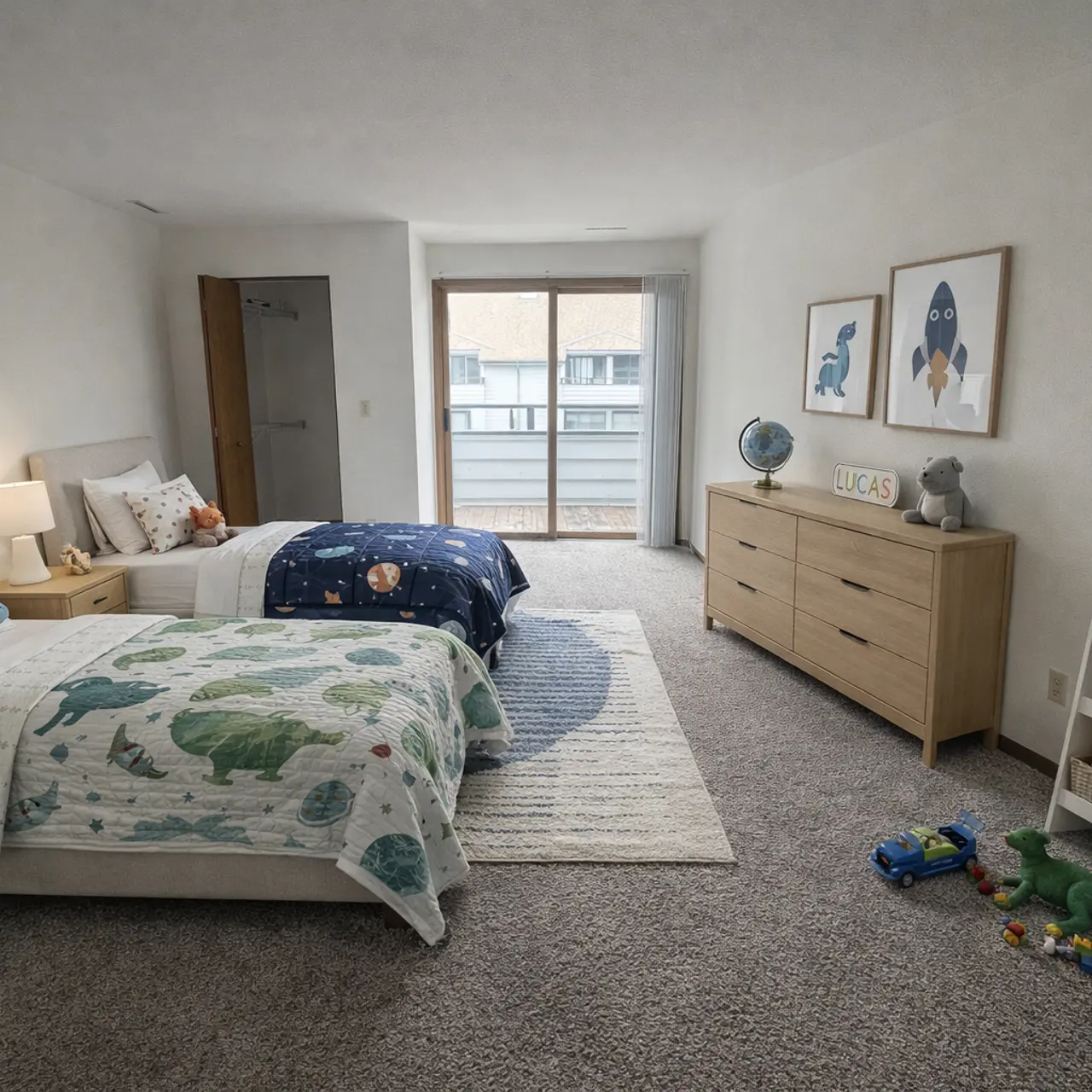 A cozy kids' bedroom featuring two beds with colorful bedding, a wooden dresser, and a large window with a balcony view. There are playful decorations and toys scattered on the carpet.