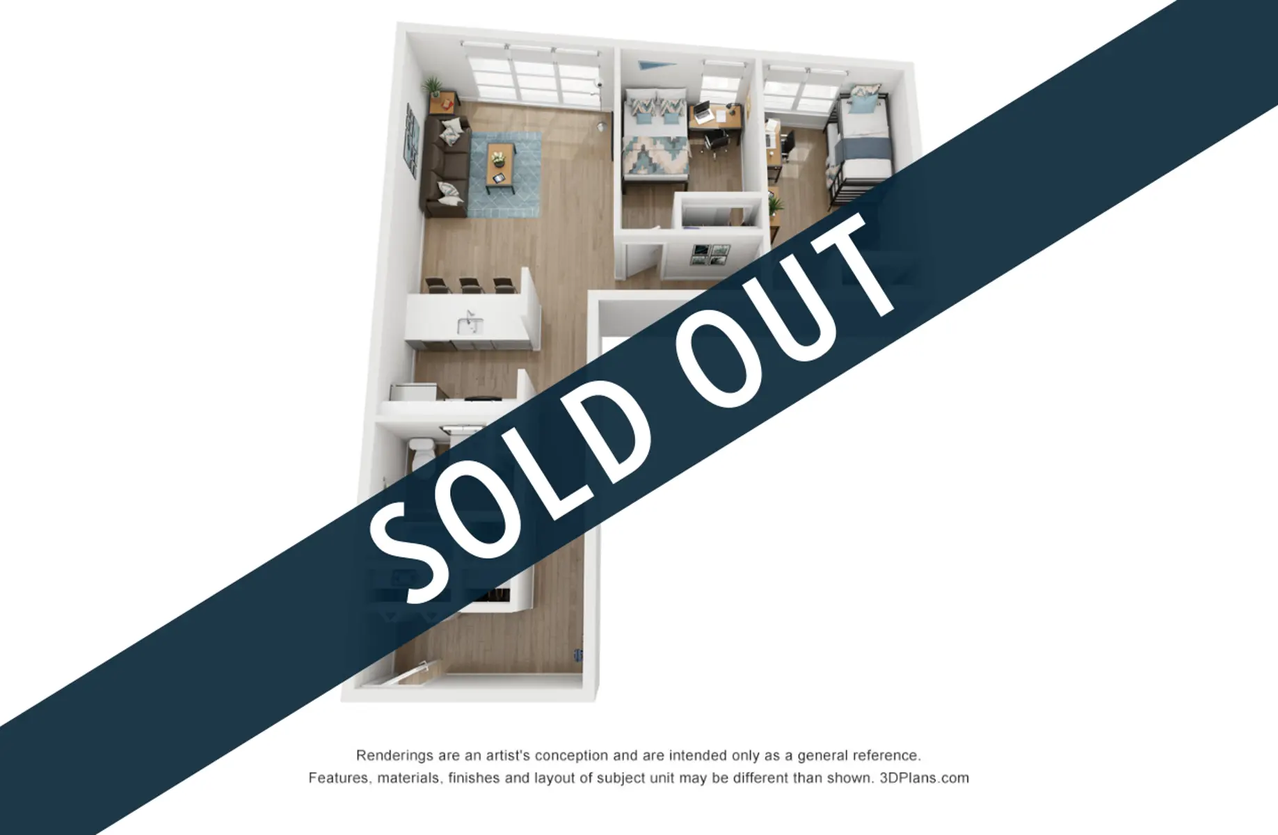 A 3D floor plan of an apartment layout with 'SOLD OUT' marked across it in a diagonal band.