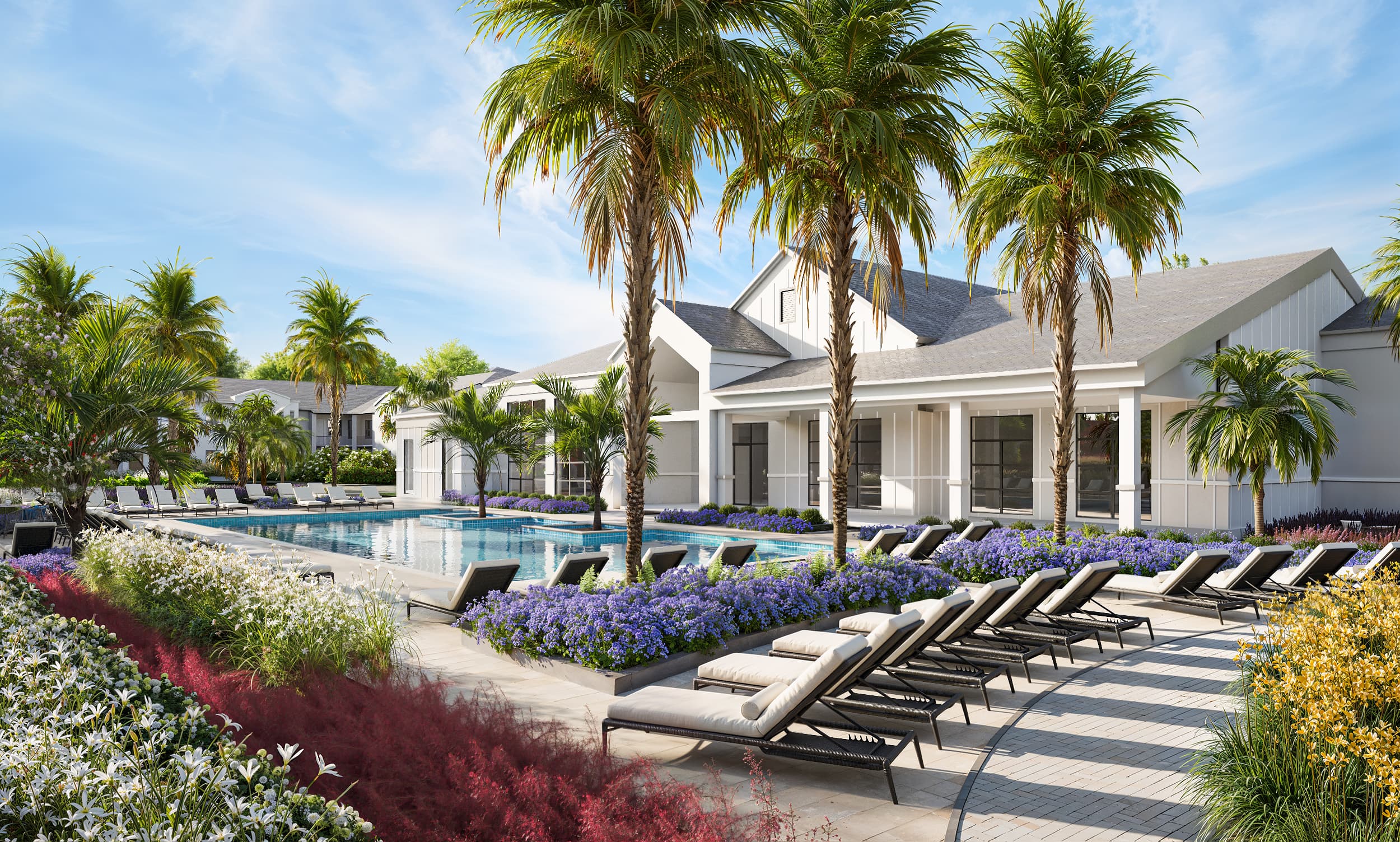 Luxury Poolside Resort A picturesque luxury resort pool area featuring a clean, modern design, surrounded by lush palm trees and colorful flower beds. The pool is inviting, with lounge chairs neatly arranged along its edges.
