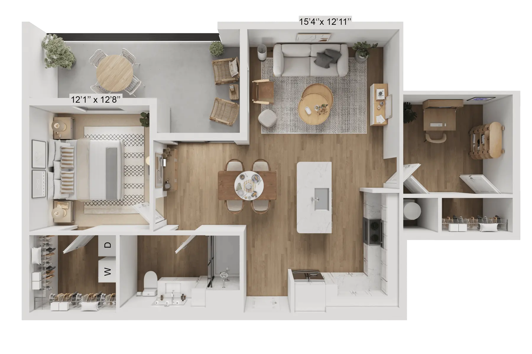 Floor plan showing the layout of a two-bedroom apartment with living room, kitchen, dining area, and bathroom.