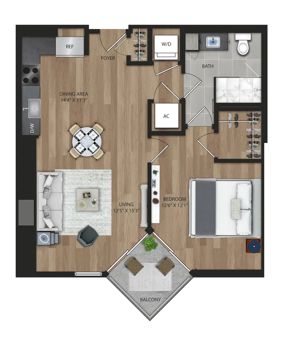 A floor plan for a one-bedroom apartment featuring a living room, dining area, kitchen, bathroom, bedroom, and balcony.