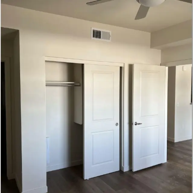 Interior view of a room showcasing a closet with two doors, light-colored walls, and wooden flooring.