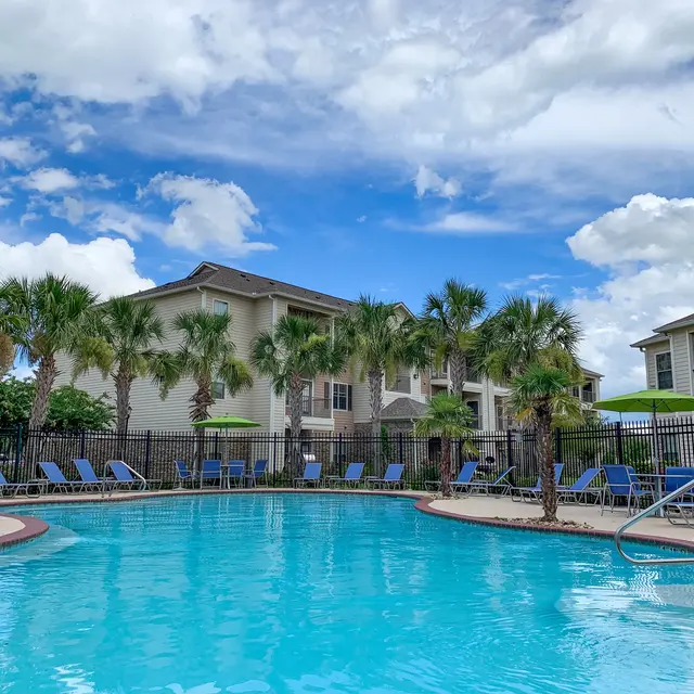 A swimming pool surrounded by palm trees and lounge chairs, with a bright blue sky and fluffy clouds in the background.