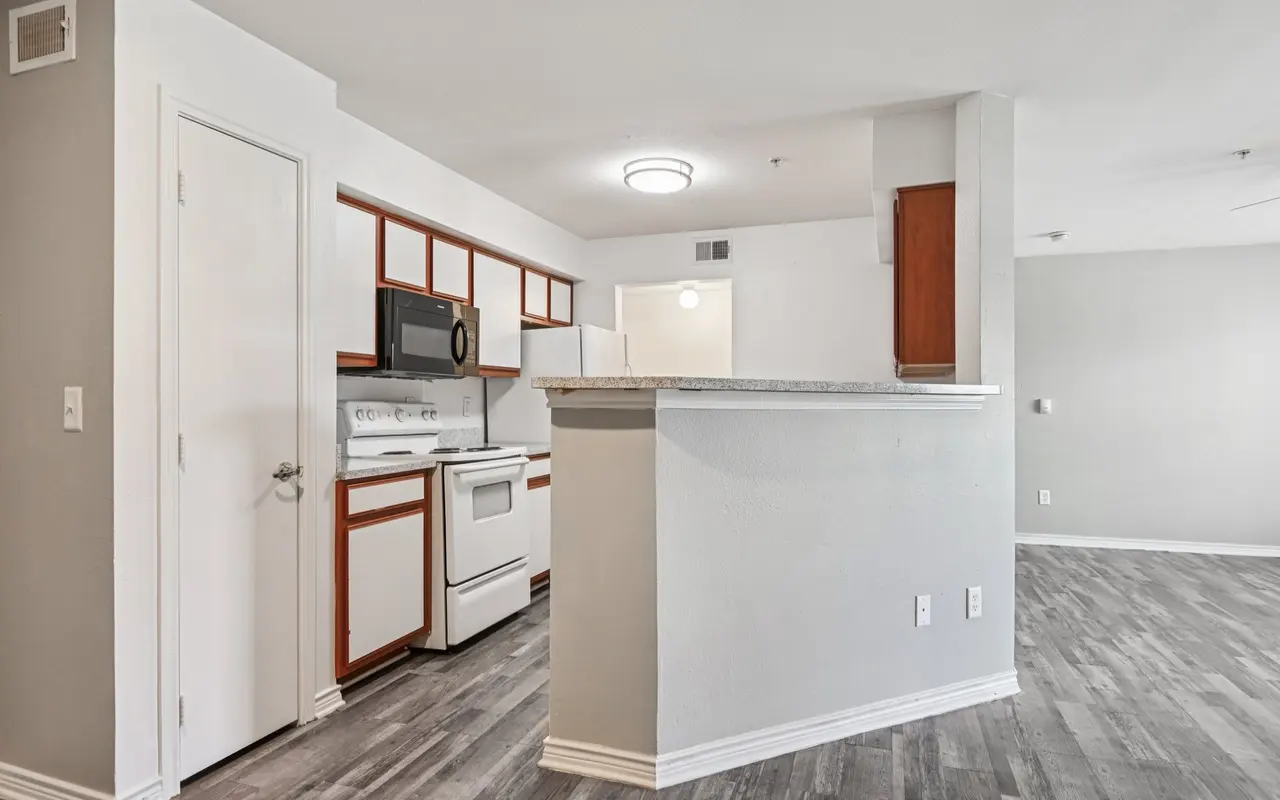 A modern kitchen with a counter opening to a living area, featuring gray walls and wood-like flooring.