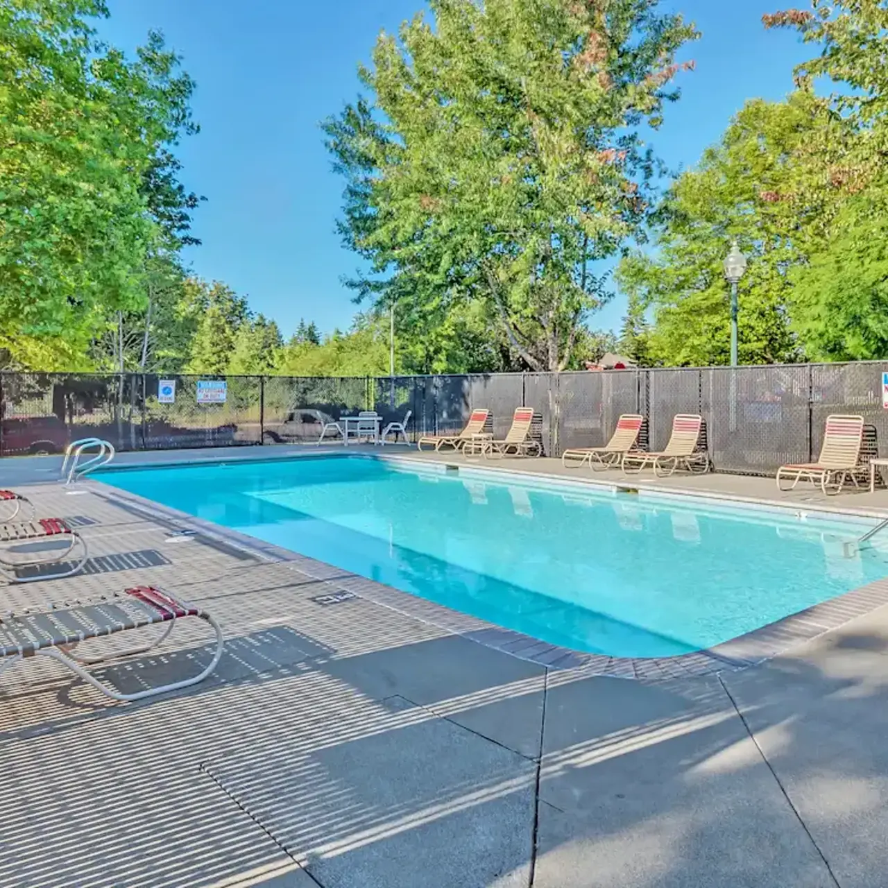A clean swimming pool surrounded by scattered lounge chairs, set against a backdrop of green trees and a clear blue sky.