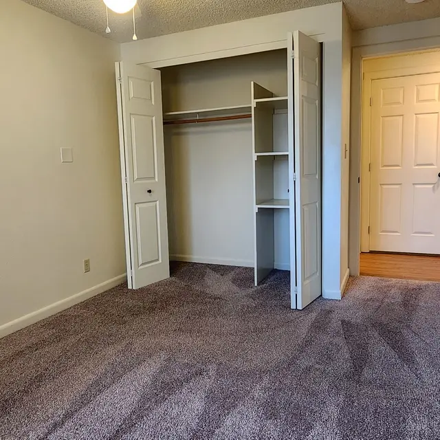 An empty room featuring a carpeted floor, a white closet with shelves, and a door leading to another room.