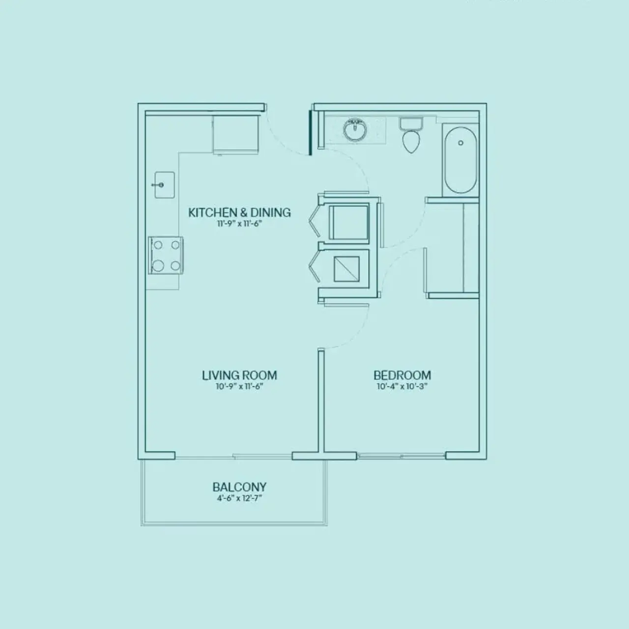 Resia Biscayne Drive Floor plan of a small apartment featuring a kitchen/dining area, living room, bedroom, bathroom, and balcony.