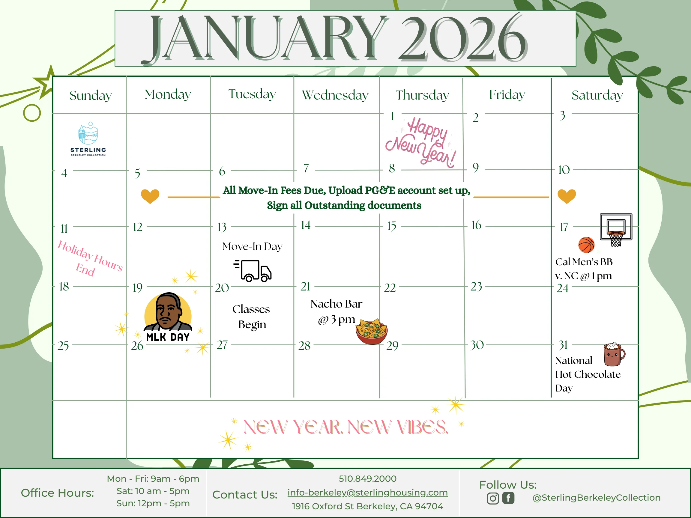 A calendar for January 2026 with various activities marked. Includes holidays and reminders such as New Year's, MLK Day, and National Chocolate Day. Each day is organized in a grid layout with decorative elements.