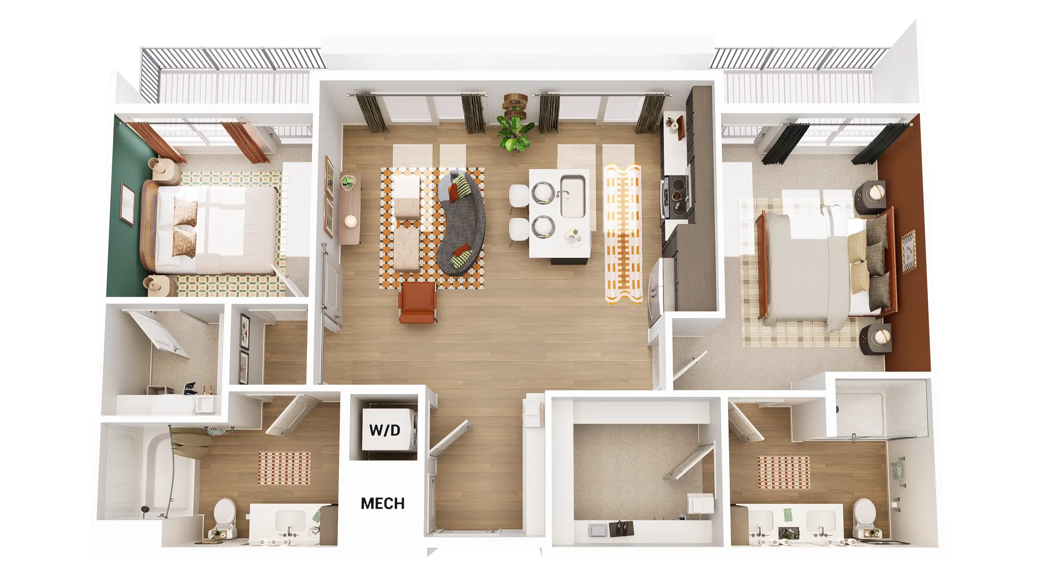 A 3D floor plan of a modern apartment showing two bedrooms, a living room, kitchen, and bathrooms, with labeled areas for washing/drying and mechanical systems.