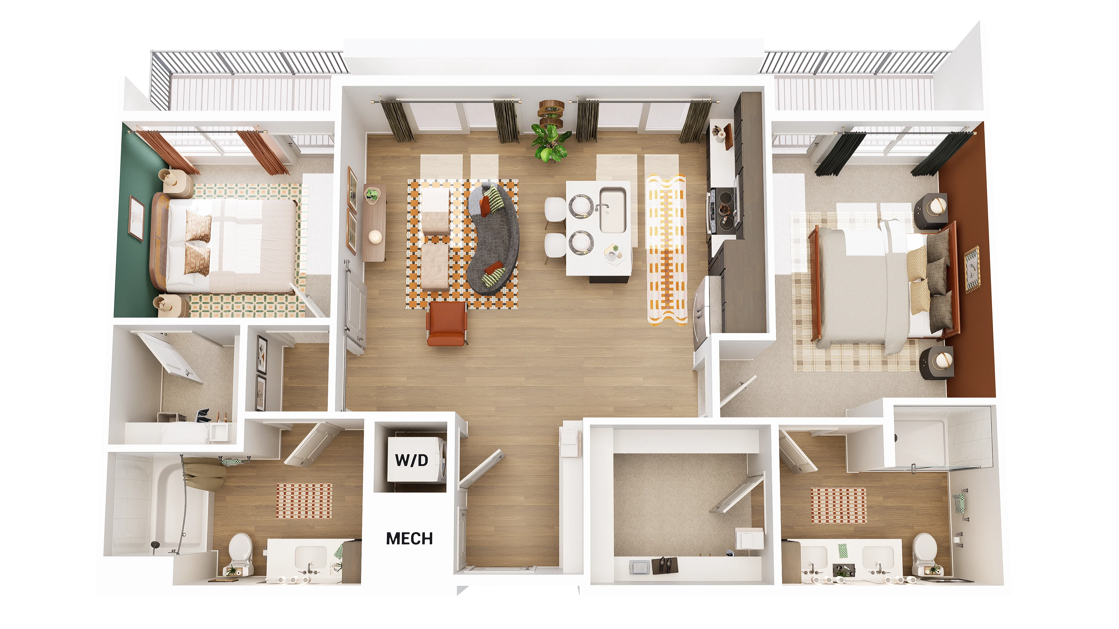 A 3D floor plan of a modern apartment showing two bedrooms, a living room, kitchen, and bathrooms, with labeled areas for washing/drying and mechanical systems.