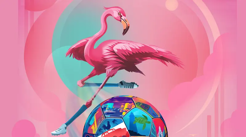 Flamingo Soccer Skills A stylized image of a flamingo balancing on a colorful soccer ball, set against a pink backdrop with abstract shapes.