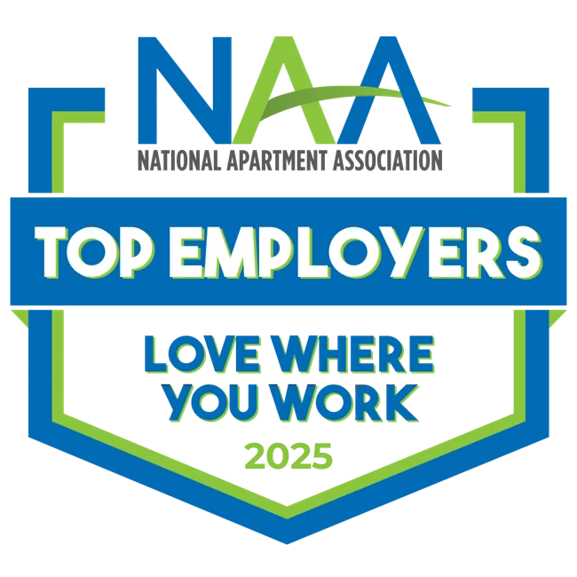 Logo of the National Apartment Association with the text 'Top Employers' and 'Love Where You Work 2025'