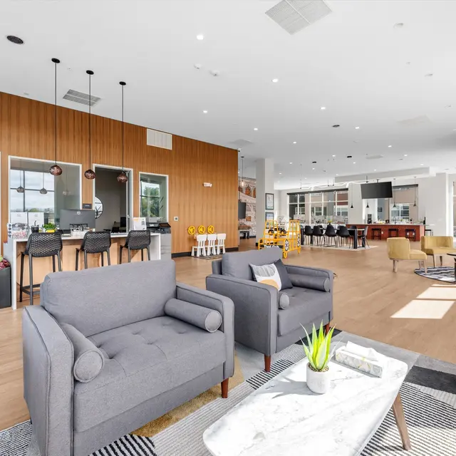 A spacious modern lounge area featuring comfortable grey seating, a marble coffee table, and various seating arrangements. The interior design includes a wooden accent wall and large windows allowing natural light to fill the space. Several plants and bright decorations add to the ambiance.