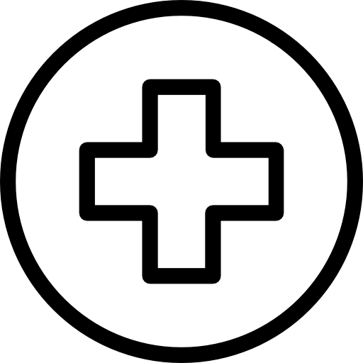A simple and clean black outline of a circle with a plus sign in the center, symbolizing medical assistance or health care.