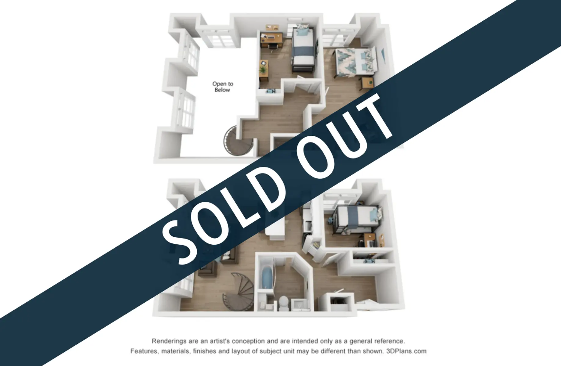 A floor plan layout showing two levels of a residential unit with labeled rooms and furniture arrangements. A bold 'SOLD OUT' overlay covers the image.