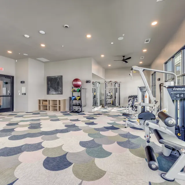 Spacious and modern fitness center with various exercise equipment and a colorful patterned carpet.
