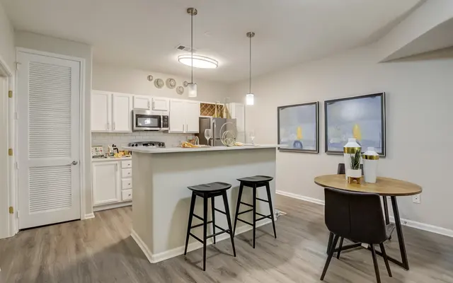 A modern kitchen and dining area featuring a bar with stools, a dining table, and contemporary decor.