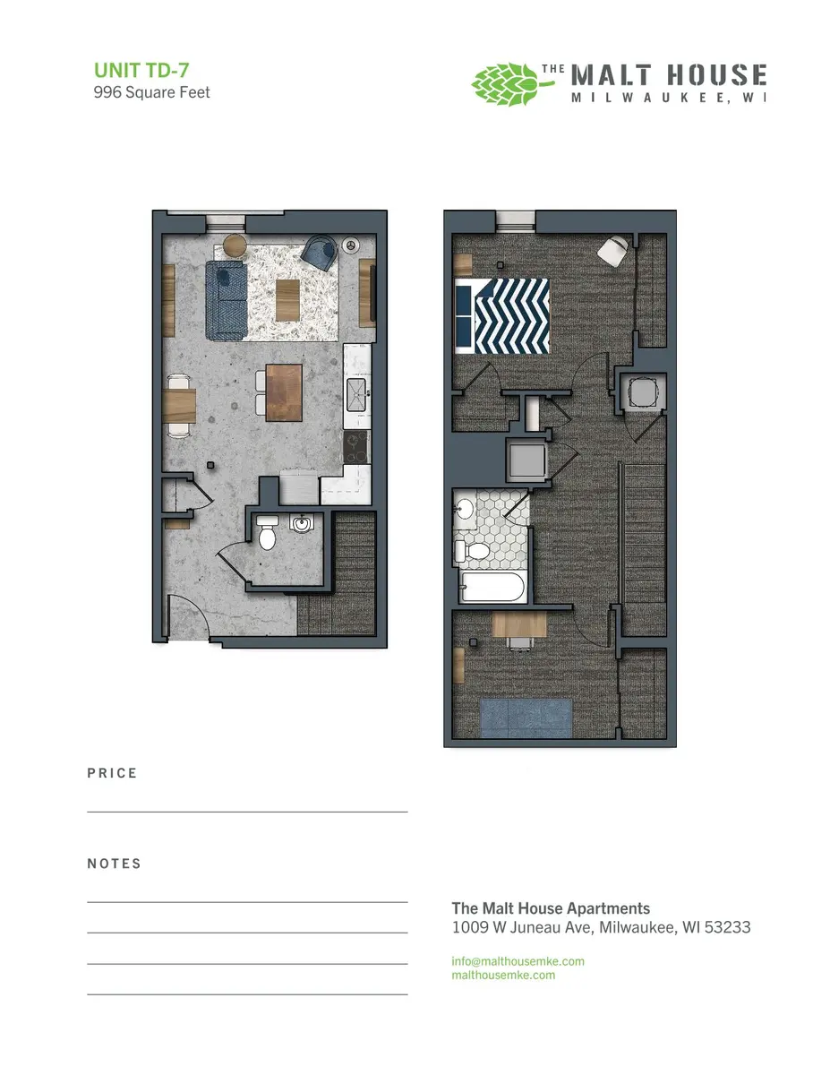 Floor plan of a two-level apartment unit labeled TD-7, measuring 996 square feet, showing a living area, kitchen, bedroom, and bathroom configurations.