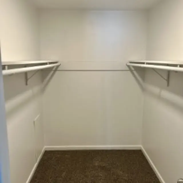An empty walk-in closet featuring white walls, two shelving units, and carpeted flooring.