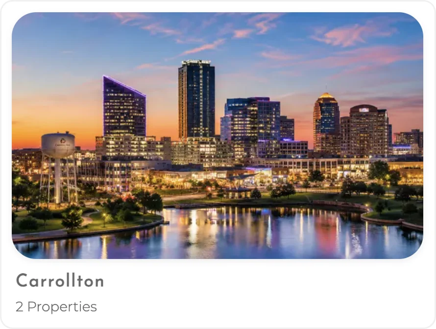 Carrollton Skyline A scenic view of a city skyline at sunset, featuring modern buildings along a river.