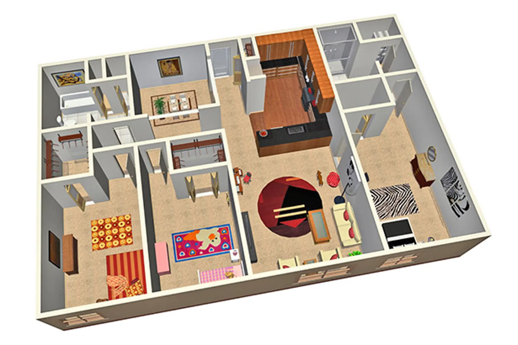 3D House Floor Plan 3D illustration of a house floor plan showing various rooms including a living area, kitchen, and bedrooms.