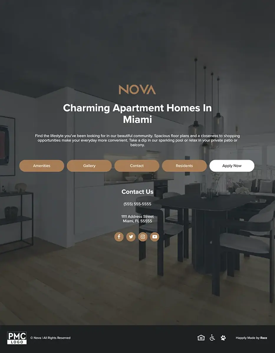 Charming Apartment Homes in Miami - NOVA Website landing page for NOVA, featuring a modern apartment interior with a dining area. Text indicates apartments in Miami with options for amenities, gallery, contact, residents, and an apply now button.