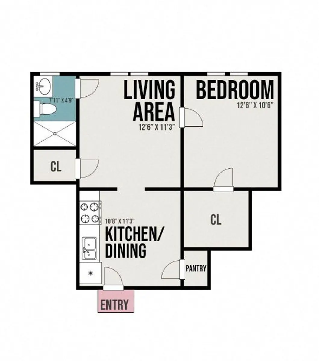 One-Bedroom Apartment Floor Plan A floor plan of a one-bedroom apartment, showing a living area, bedroom, kitchen/dining, and entry with dimensions for each space.