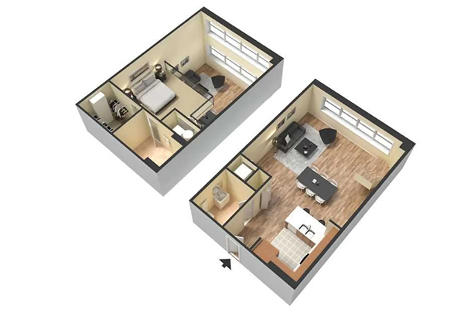 Two Bedroom Apartment Floor Plan A 2D floor plan of a two-bedroom apartment showing a bedroom, living area, kitchen, and bathroom layouts.