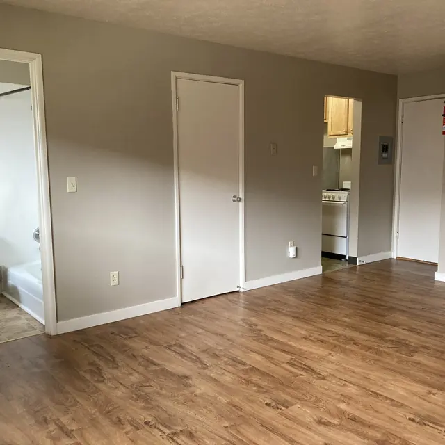A spacious, light-colored living area with hardwood flooring, two doors leading to other rooms, and a glimpse of a bathroom and kitchen area.