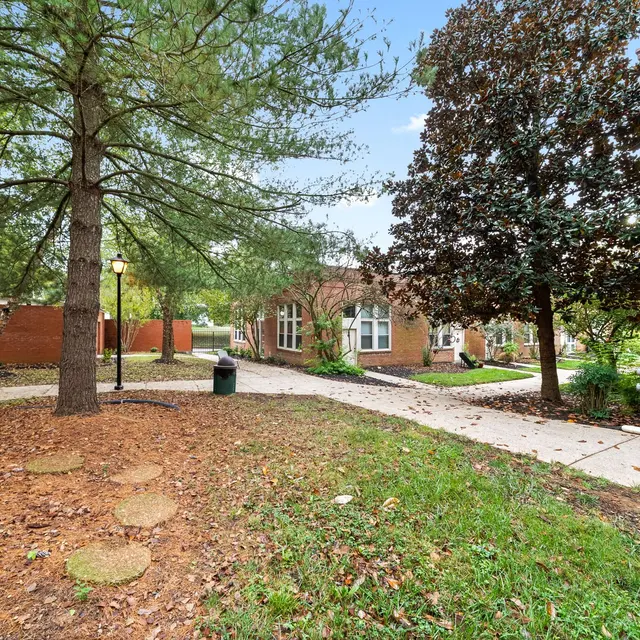 A scenic pathway in a green space featuring a large tree, a lamp post, and a brick building in the background.