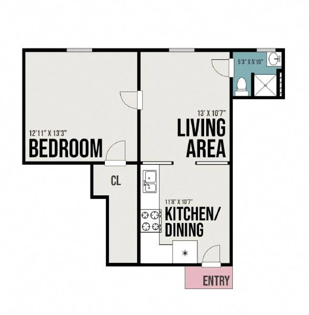 One-Bedroom Apartment Floor Plan A floor plan for a one-bedroom apartment, featuring a living area, kitchen/dining space, and a bathroom. The dimensions of each room are indicated.