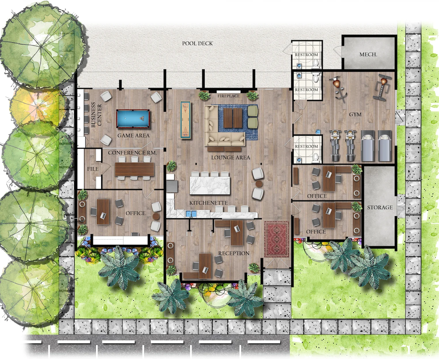 Floor Plan Layout Overview A detailed floor plan layout featuring various rooms including a game area, conference room, office spaces, lounge area, kitchenette, and a gym. The layout highlights a pool deck area and landscaped surroundings with trees and shrubs.