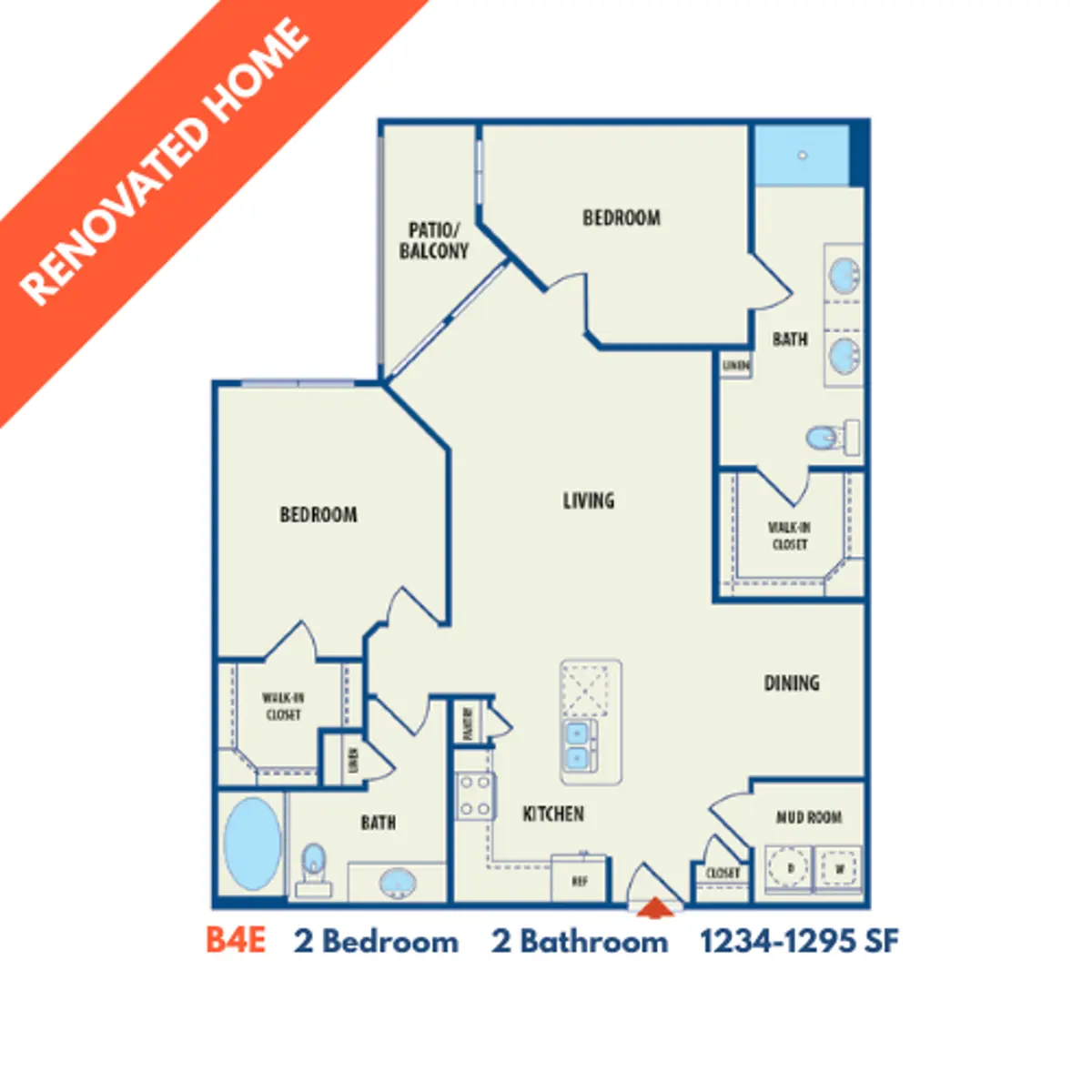 Floor Plan for Renovated 2 Bedroom, 2 Bathroom Home A detailed floor plan of a renovated two-bedroom, two-bathroom home. The layout includes a living room, dining area, kitchen, and multiple closets, with a patio or balcony indicated.